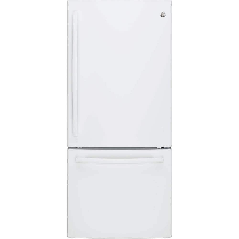GE 21.0 Cu. Ft. Bottom-Freezer Refrigerator LED Internal Lighting High Gloss White from Kings Outlet
