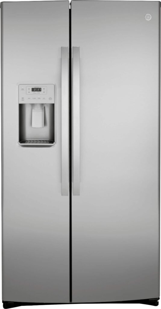 GE 21.8 Cu. Ft. Side-by-Side Counter-Depth Refrigerator Edge-to-Edge Glass Shelves Stainless Steel from Kings Outlet