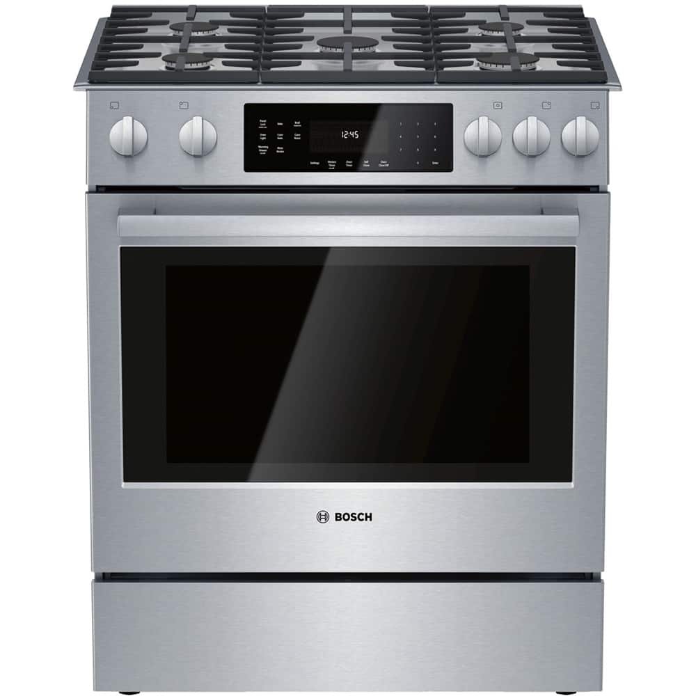 Bosch 800 Series 4.8 Cu. Ft. Slide-In Gas Convection Range Self-Cleaning Dual Flame Burner from Kings Outlet