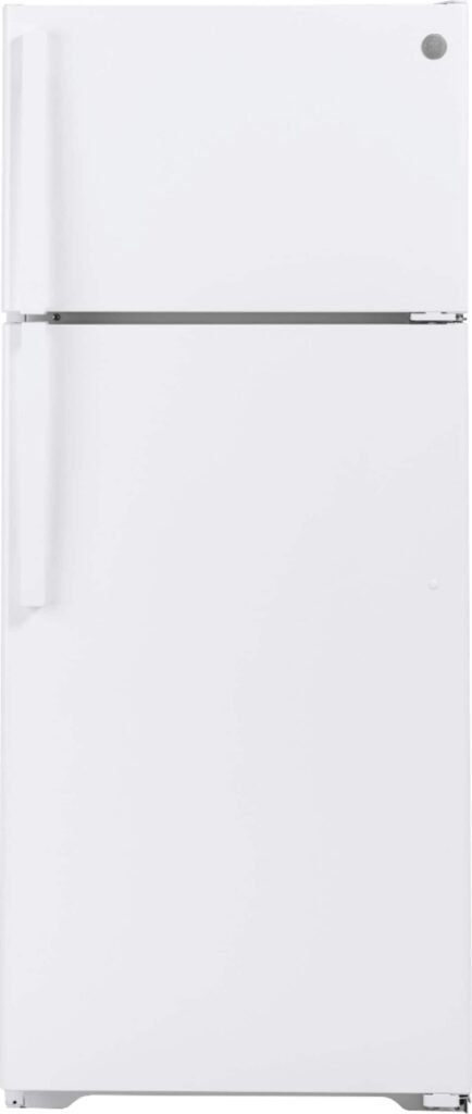 GE 17.5 Cu. Ft. Top-Freezer Refrigerator Edge-to-Edge Glass Shelves White from Kings Outlet