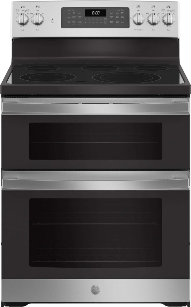 GE 6.6 Cu. Ft. Freestanding Double Oven Electric Convection Range Self-Steam Cleaning No-Preheat Air from Kings Outlet