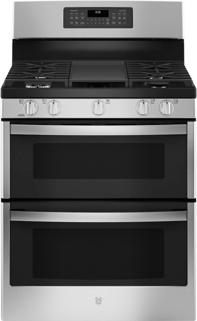 GE 6.8 Cu. Ft. Freestanding Double-Oven Gas Convection Range Self-Steam Cleaning No-Preheat Air Fry from Kings Outlet