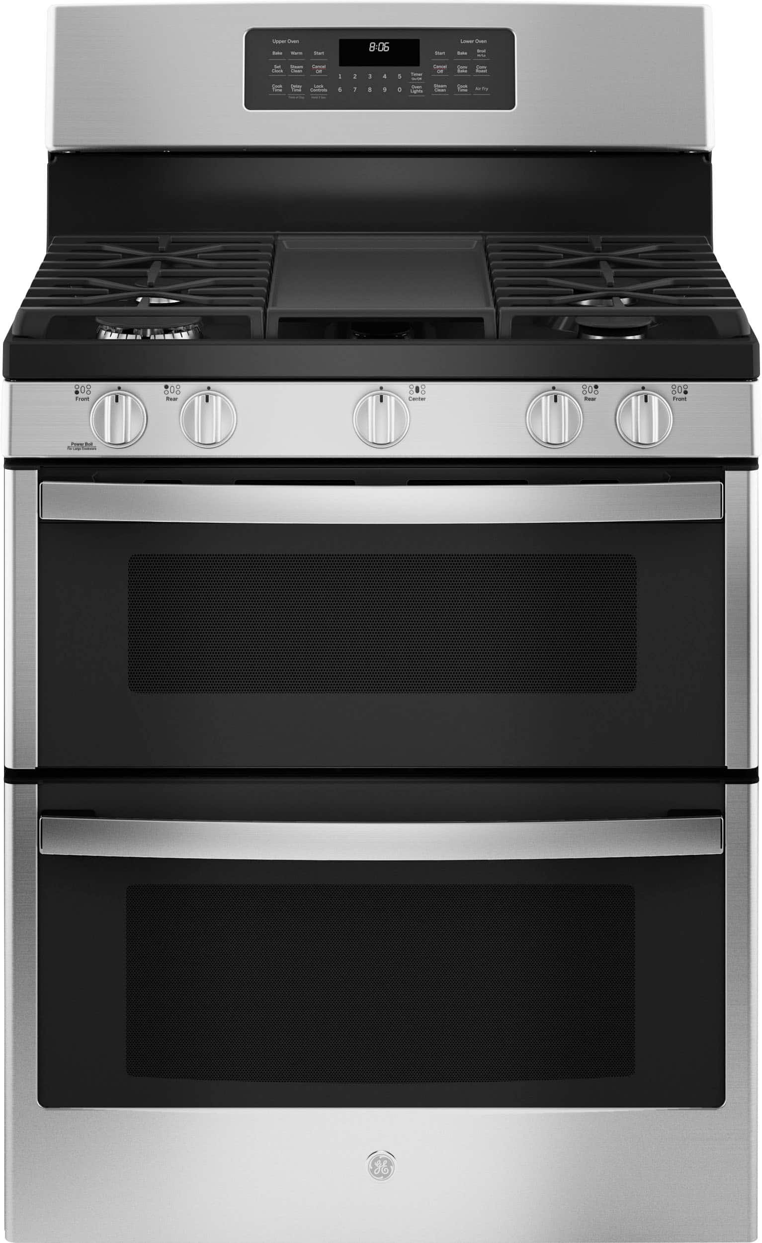 Kings Outlet GE 6.8 Cu. Ft. Freestanding Double-Oven Gas Convection Range Self-Steam Cleaning No-Preheat Air Fry GE 6.8 Cu. Ft. Freestanding Double-Oven Gas Convection Range Self-Steam Cleaning No-Preheat Air Fry from Kings Outlet