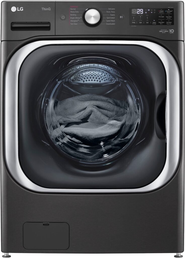 LG 5.2 Cu. Ft. High-Efficiency Stackable Smart Front Load Washer Steam TurboWash Black Steel from Kings Outlet