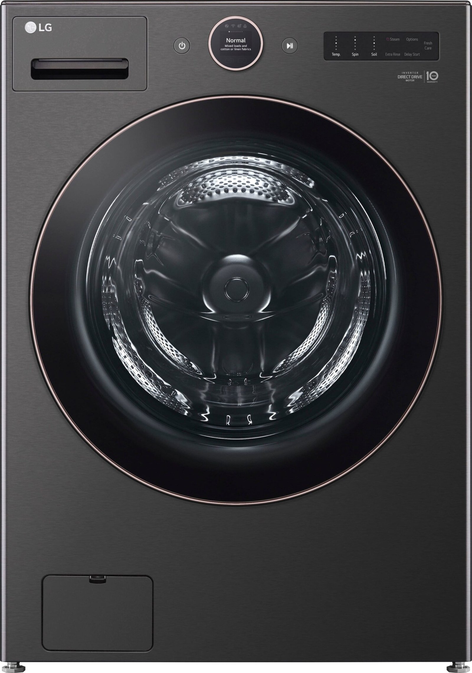 Kings Outlet LG 5.0 Cu. Ft. High-Efficiency Stackable Smart Front Load Washer Steam TurboWash 360 Black LG 5.0 Cu. Ft. High-Efficiency Stackable Smart Front Load Washer Steam TurboWash 360 Black from Kings Outlet