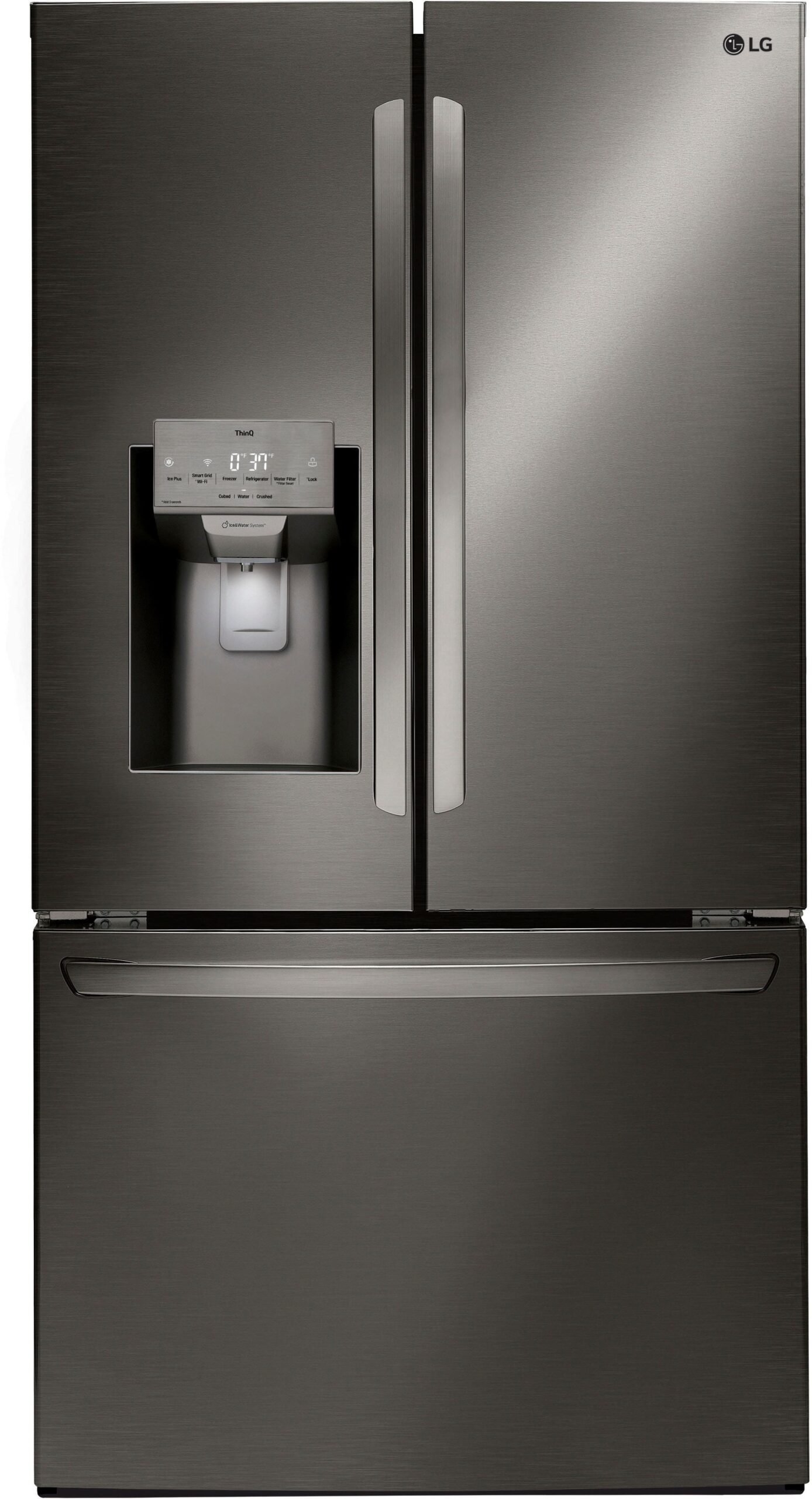 Kings Outlet LG 27.7 Cu. Ft. French Door Smart Refrigerator External Ice Water Black Stainless Steel LG 27.7 Cu. Ft. French Door Smart Refrigerator External Ice Water Black Stainless Steel from Kings Outlet