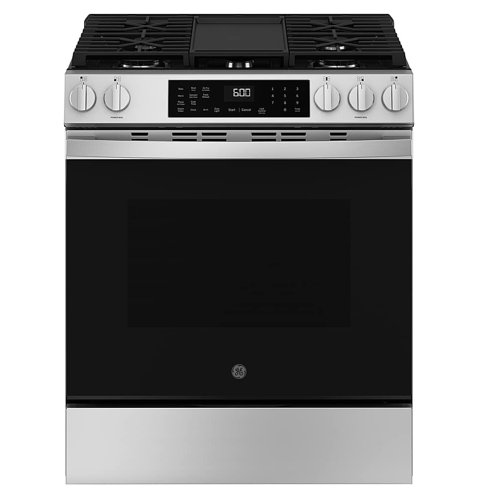 GE 5.3 Cu. Ft. Slide-In Gas Convection Range Steam Cleaning EasyWash Tray Stainless Steel from Kings Outlet