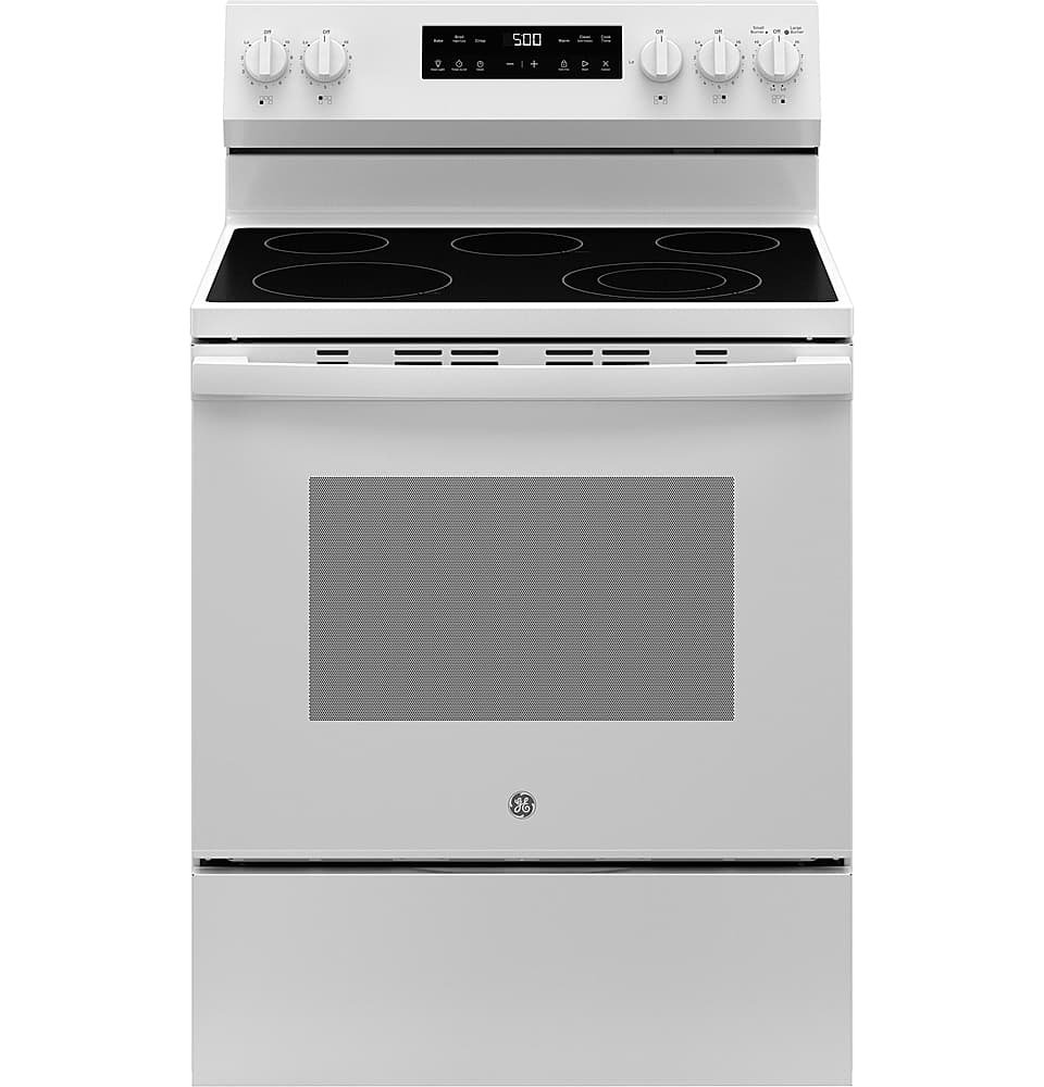 GE 5.3 Cu. Ft. Freestanding Electric Range Self-Clean Steam Cleaning Option Crisp Mode White from Kings Outlet