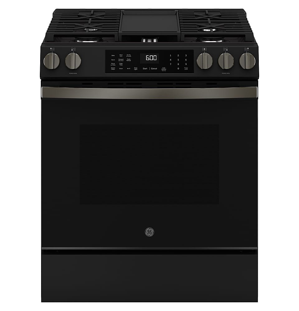 GE 5.3 Cu. Ft. Slide-In Gas Convection Range Steam Cleaning EasyWash Tray Black Slate from Kings Outlet