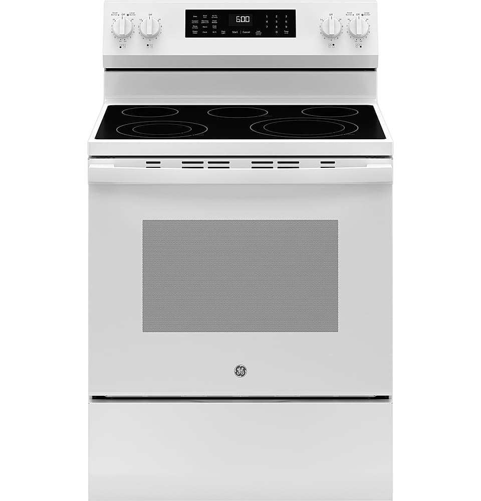 GE 5.3 Cu. Ft. Freestanding Electric Convection Range Steam Cleaning EasyWash Tray White from Kings Outlet