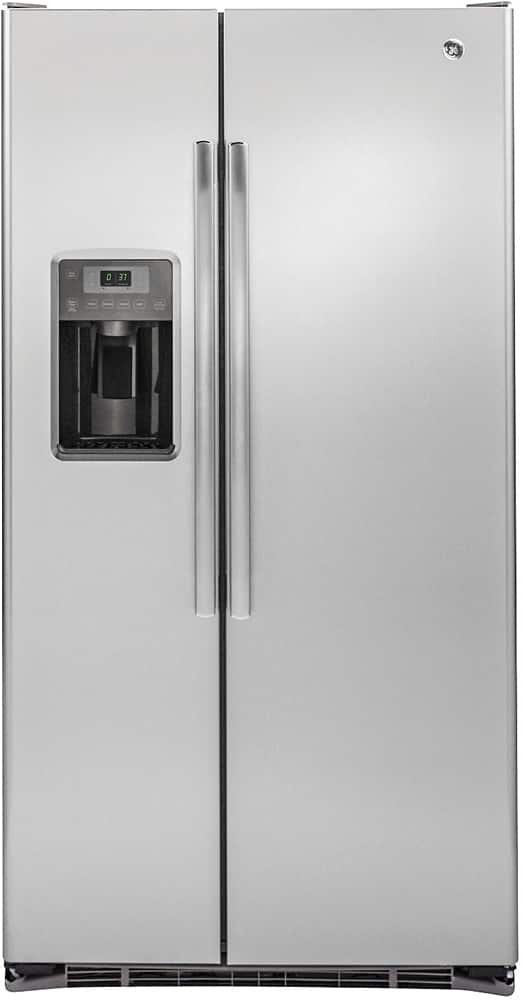 GE 21.9 Cu. Ft. Side-by-Side Counter-Depth Refrigerator Integrated Shelf Support System Stainless Steel from Kings Outlet